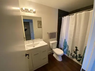 a bathroom with a sink and a toilet and a shower at New Dt Apartment Walk To All in Edmonton