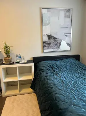 a bedroom with a bed and a desk with a plant at Vancouver Airport 7 mins away Cozy room Richmond near YVR in Richmond