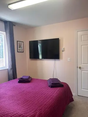 a bedroom with a bed with purple sheets and a flat screen tv at Serenity Bed and Breakfast in Comox