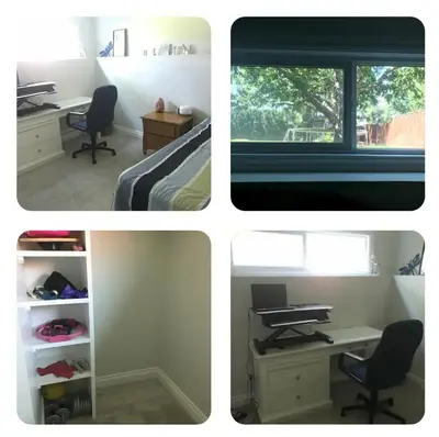 three pictures of a bedroom with a desk and a window at The Musical Perch in Kelowna
