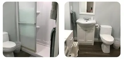 two pictures of a bathroom with a toilet and a sink at The Musical Perch in Kelowna