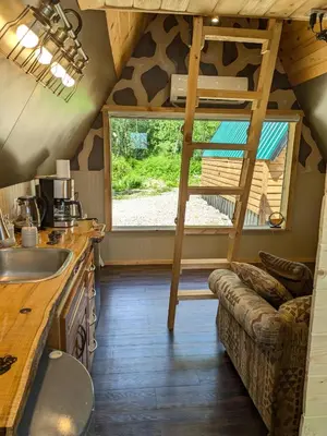 a kitchen with a ladder and a couch in a room at Mushroom theme cabin on 33 Acre Farm in Brew Bay