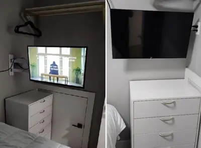 two pictures of a bedroom with a tv and a dresser at Modern West Coast Contemporary Suite in Vancouver