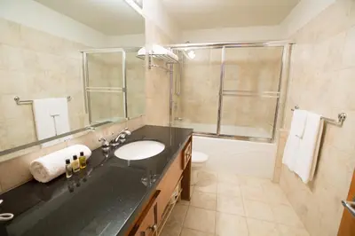 a bathroom with a sink and a shower at Silver Tip 2 Bedroom Condo in Rossland