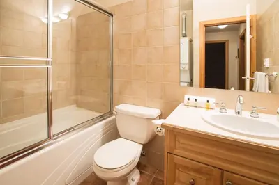 a bathroom with a toilet and a sink and a shower at Silver Tip 2 Bedroom Condo in Rossland