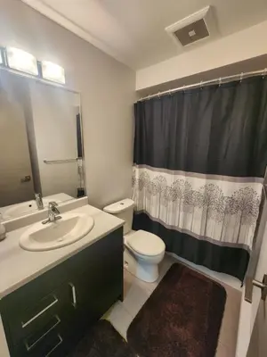 a bathroom with a sink and a toilet and a shower at Cozy Royal Bay Suite in Victoria