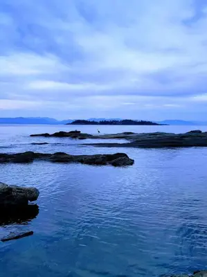 a large body of water with rocks in the water at Aloha Cottage, Nanoose Bay - 2 Bdrm Oceanfront Unit with Private Deck in Nanoose Bay