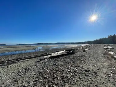 a sandy beach with the sun in the sky at ENTIRE Sunrise Resort Townhome in Parksville in Parksville