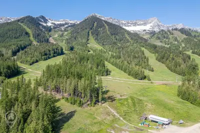an aerial view of a mountain with trees and a bus at Cedar Ridge Estates by StayIn in Fernie