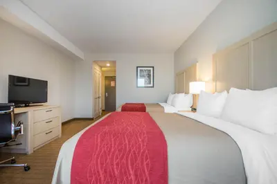 a hotel room with a large bed and a flat screen tv at Comfort Inn & Suites in Campbell River