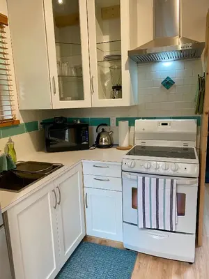 a kitchen with white cabinets and a stove top oven at Little Cabin in Middlepoint in Halfmoon Bay
