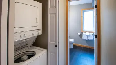 a bathroom with a washing machine and a toilet at Stone Creek Chalet by Fernie Lodging Company in Fernie