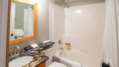 a bathroom with a sink and a toilet and a tub at Stone Creek Chalet by Fernie Lodging Company in Fernie
