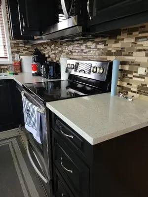 a kitchen with a stove and a counter top at Elegant 4-Bedroom Family Home Master in Calgary