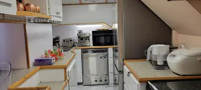 a small kitchen with a stove and appliances at Shangri-la Cheer in Vancouver