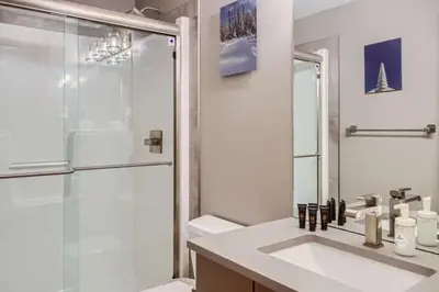 a bathroom with a shower and a sink and a toilet at Stonegate Resort Unit B107 in Big White