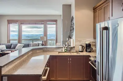 a kitchen with a refrigerator and a counter top at Stonegate Resort Unit B401 in Big White