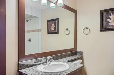 a bathroom with a sink and a mirror at Stonegate Resort Unit C304 in Big White