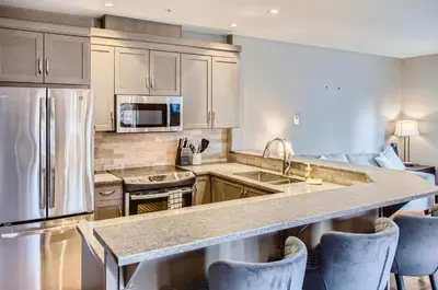 a kitchen with stainless steel appliances and a counter top at Stonegate Resort Unit B108 in Big White