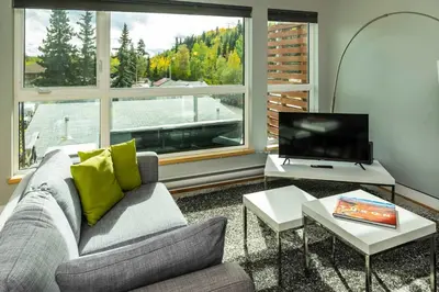 a living room with a couch and a large window at NN - The Kit 4 - Downtown 1-Bed 1-Bath in Whitehorse