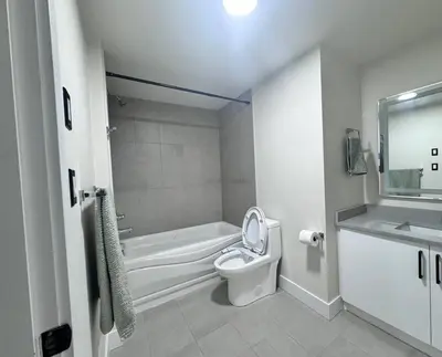 a bathroom with a toilet and a tub and a sink at Charming & Compact Retreat in St. Albert