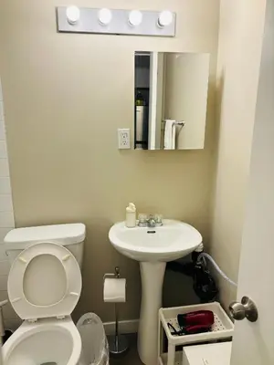 a bathroom with a white toilet and a sink at Walkout Basement Suite with Free Street Parking in Calgary