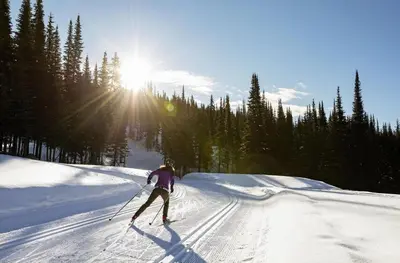 a person is skiing down a snow covered slope at Timberline Village #46 home in Sun Peaks