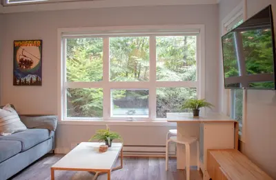 a living room with a couch and a window at 1BR in Gondola Village, Near Gondola, Free Parking, Updated Unit, Incredible Location in Whistler