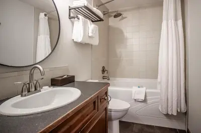 a bathroom with a sink and a toilet and a mirror at Premium King suite with views and pool in Canmore