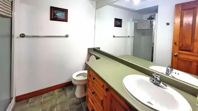 a bathroom with a sink and a toilet and a mirror at Timberline Village #12 home in Sun Peaks