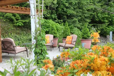 a group of chairs and flowers in a garden at Selah Retreat Guesthouse B&B in Sorrento