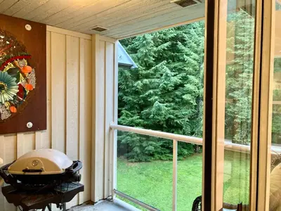 a screened in porch with a large glass window at The BIRDs NEST in the Benchlands in Whistler