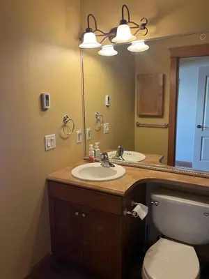 a bathroom with a sink and a toilet and a mirror at Townhouse, Ski in Ski out in Big White