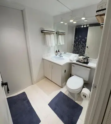 a bathroom with a toilet and a sink and a mirror at Bright Garden Suite Across From Park in Kitsilano in Vancouver