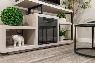 a cat is sitting in a fireplace in a living room at Luxury Living Entire Suite-Private in Calgary