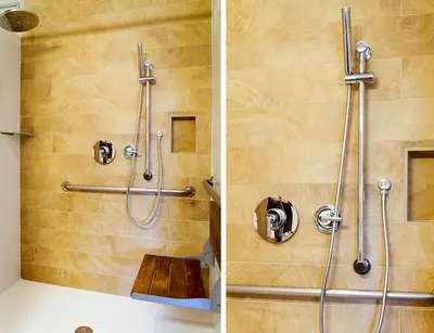two pictures of a bathroom with a shower at Sproat Lake Landing Resort in Port Alberni