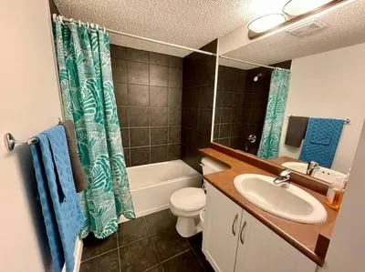 a bathroom with a sink and a toilet and a mirror at Lake View From Every Window! in Invermere