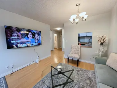 a living room with a couch and a flat screen tv at Beautiful 2 Beds Dwtn apt Free Parking King Bed in Vancouver