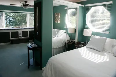 a bedroom with green walls and a bed and a mirror at Oceanview Guest Suite with Large 2 Person Soaker Tub in Nanoose Bay