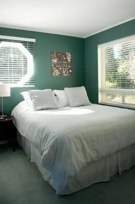 a large bed in a bedroom with green walls at Oceanview Guest Suite with Large 2 Person Soaker Tub in Nanoose Bay