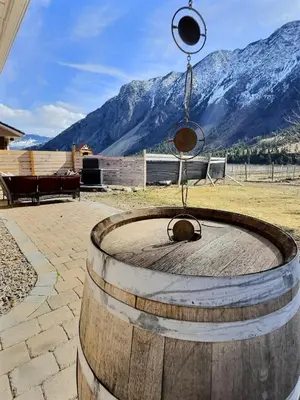 a water fountain with a mountain in the background at Taurean Vines Guest house in Keremeos
