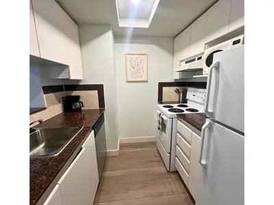 a kitchen with white appliances and a sink at City Retreat With Views in the Heart of Downtown in Vancouver