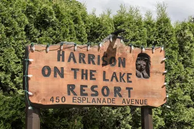 a sign that reads harension on the lake resort at Harrison Lake Retreat, Studio Suite in Harrison Hot Springs