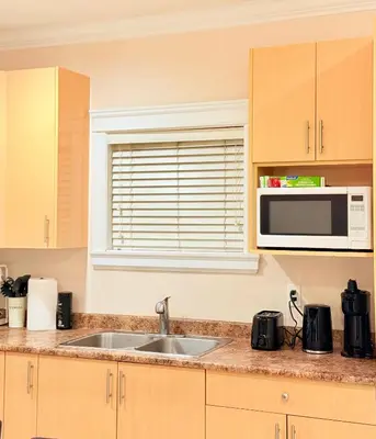 a kitchen with a sink and a microwave at Modern & Cozy 2-Bed Suite in Vancouver in Vancouver