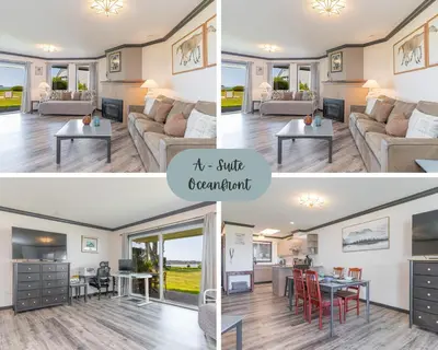 a collage of photos of a living room and dining room at Beachside Townhouses at The Pacific Shores Strata Property in Nanoose Bay