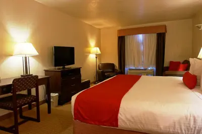 a hotel room with a large bed and a television at Gold Circle Inn in Lloydminster