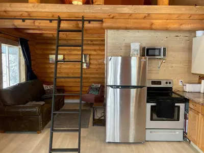 a kitchen with a stainless steel refrigerator and a ladder at Log lofted rustic cabin in woods in Kelowna