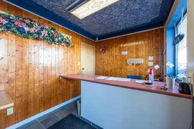 a bar in a room with wooden walls and flowers at Blue Horse Motel in Beiseker