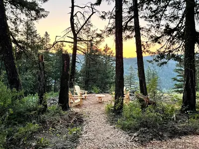 a path in the woods with a picnic table and trees at Butterfly Cottage - Glamping in Oliver