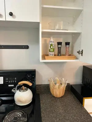 a kitchen counter with a stove and a tea kettle at Garden Suite in Colwood in Victoria